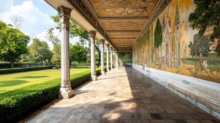 Obraz premium Enchanting Thai Palace: Ancient Murals and Intricate Gardens - Cinematic Image of Local Folklore Scenes