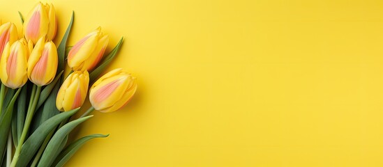 Vibrant yellow tulips with soft pink tips arranged on a bright yellow background, symbolizing spring with a cheerful floral design.