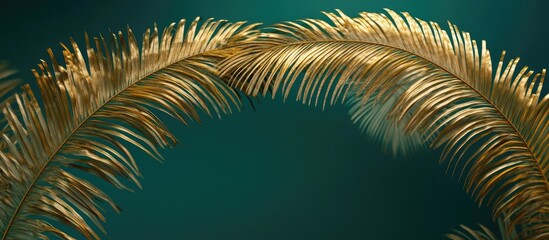 Fototapeta premium Golden palm leaves arching gracefully against a rich dark green background, creating a serene tropical ambiance with trendy colors.