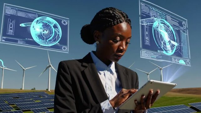 Woman Leader Showcasing Renewable Work Processes Using Advanced Holographic Technology, Generative AI