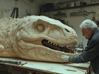 Sculptor crafting large dinosaur model in workshop.  Educational resource