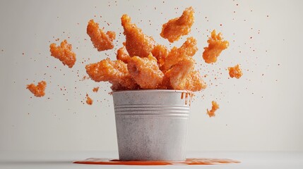 A bucket of fried chicken with pieces splashing out and sauce spilling.