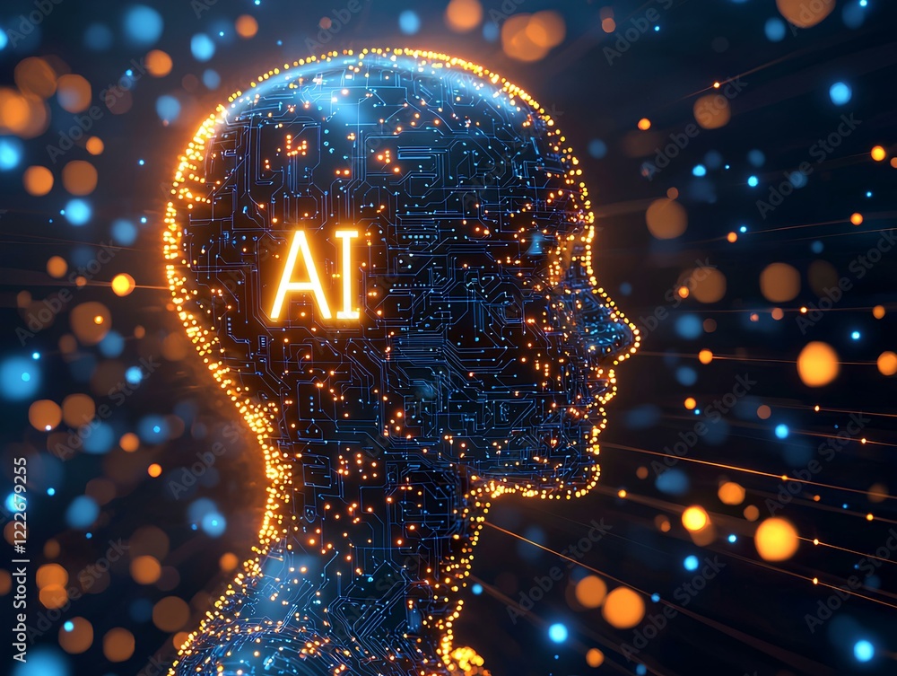 Poster a digital illustration depicting an ai head with circuit patterns and the letters ai