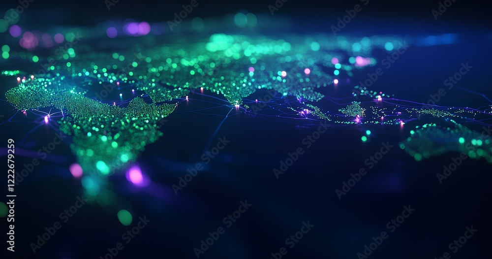 Aufkleber a dark blue background with glowing green and purple polygonal shapes, forming an abstract represent