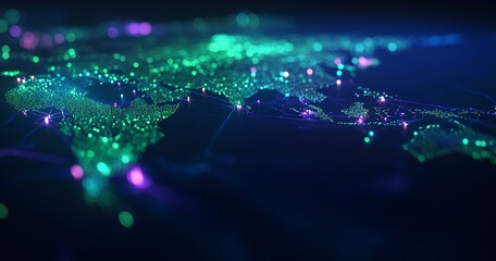 A dark blue background with glowing green and purple polygonal shapes, forming an abstract representation of a global map or data visualization