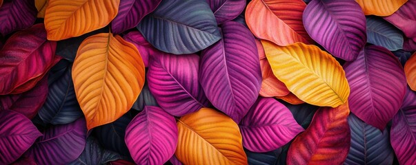 Colorful autumn leaves in vibrant purple, pink, and orange shades