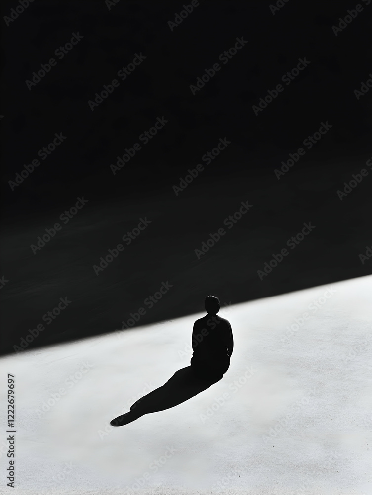 Poster lonely figure seated on stark surface under contrasting light in an abstract composition of shadow a
