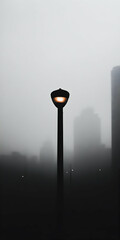 Mysterious cityscape shrouded in fog with a solitary street lamp glowing softly during twilight