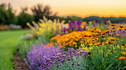 Obraz premium Sustainable gardening idea. Vibrant garden flowers blooming under a beautiful sunset.