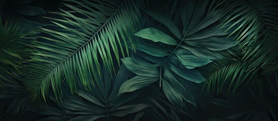 Dark green tropical banana leaf and palm foliage texture with rich shadows and highlighted edges creating a lush nature background.