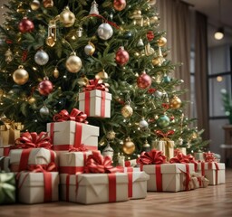 Gift boxes with bows tied on top of a large Christmas tree, festive, decorated tree, gift boxes