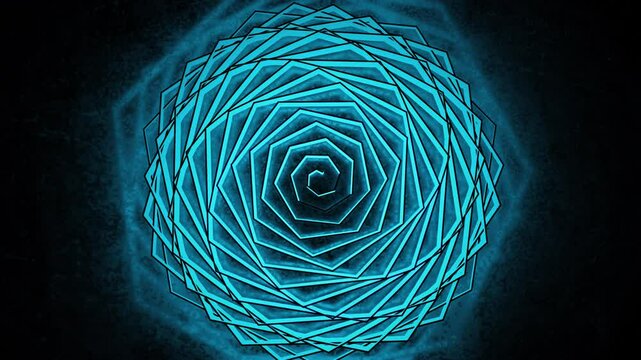 Spiral of layered angular frames forming a glowing rosette pattern