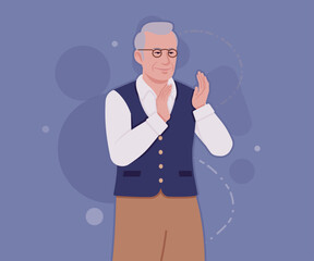 Senior man, classic vest, retro vintage glasses applaud pose. University professor, lecturer, old experienced, grey hair, older grandfather. Vector flat style cartoon illustration, creative background