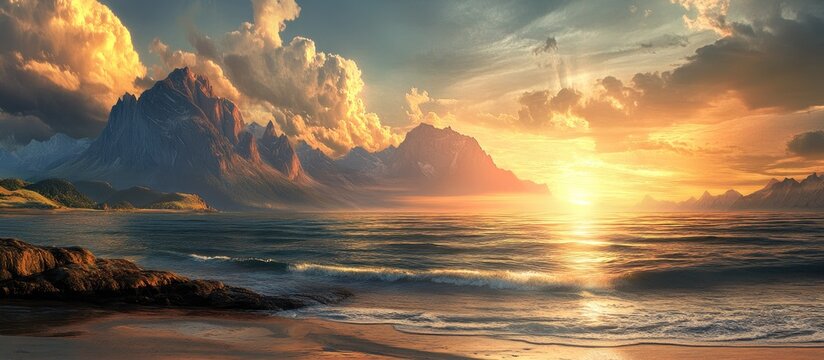 Vivid orange and gold sunset reflecting on tranquil sea against majestic blue mountains creating a peaceful coastal landscape with soft waves