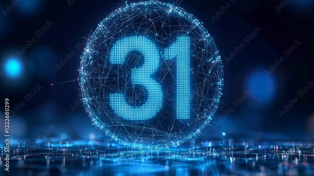 Poster glowing digital 3d number 31 in futuristic style on abstract background. digital technology concept