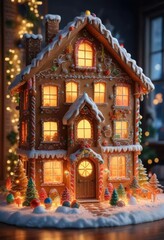 Gingerbread house with lit windows and festive decorations, sweet indulgence, twinkling lights, cozy cabin