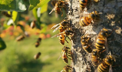 Forced perspective of hornets on apple tree trunk in rural setting
