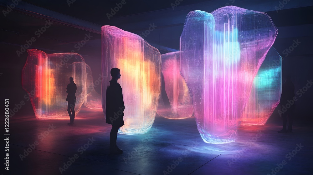 Aufkleber person standing in vibrant light display, illuminated colorful shapes creating a dynamic atmosphere,
