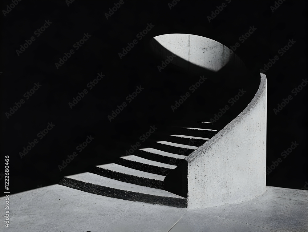 Poster curved concrete staircase illuminated by soft light in a dark environment showcasing modern architec
