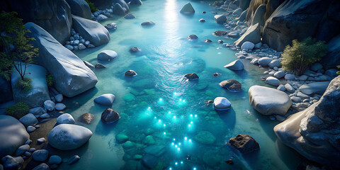Captivating Flowing River with Sparkling Water and Rocky Shores
