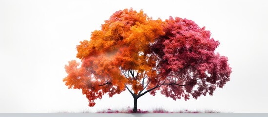 Vibrant autumn tree with orange and pink leaves centered against a smooth white background, showcasing seasonal transition and natural beauty.