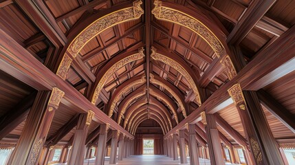 Mystical Thai Architecture: Stunning Interior Hall with Curved Wooden Beams and Mythic Creatures