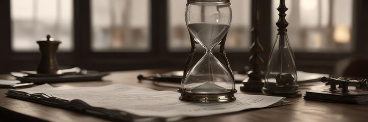 Glass hourglass on a desk with papers and pens, office decor, glass, minimalist