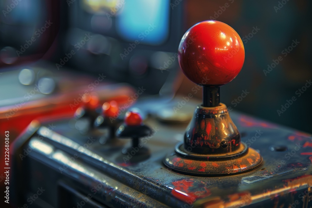 Poster close up of red joystick and buttons on a weathered arcade game machine control panel