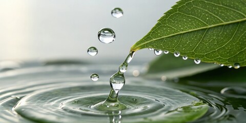 Glass-like water droplets falling from a leaf, gentle motion, slow movement, water fall, water droplets