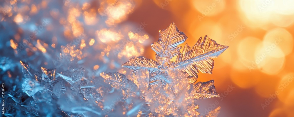 Poster close-up of snowflake with colorful bokeh background