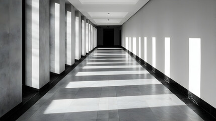 Obraz premium Long corridor illuminated by sunlight with contrasting shadows in a modern architectural space during daytime