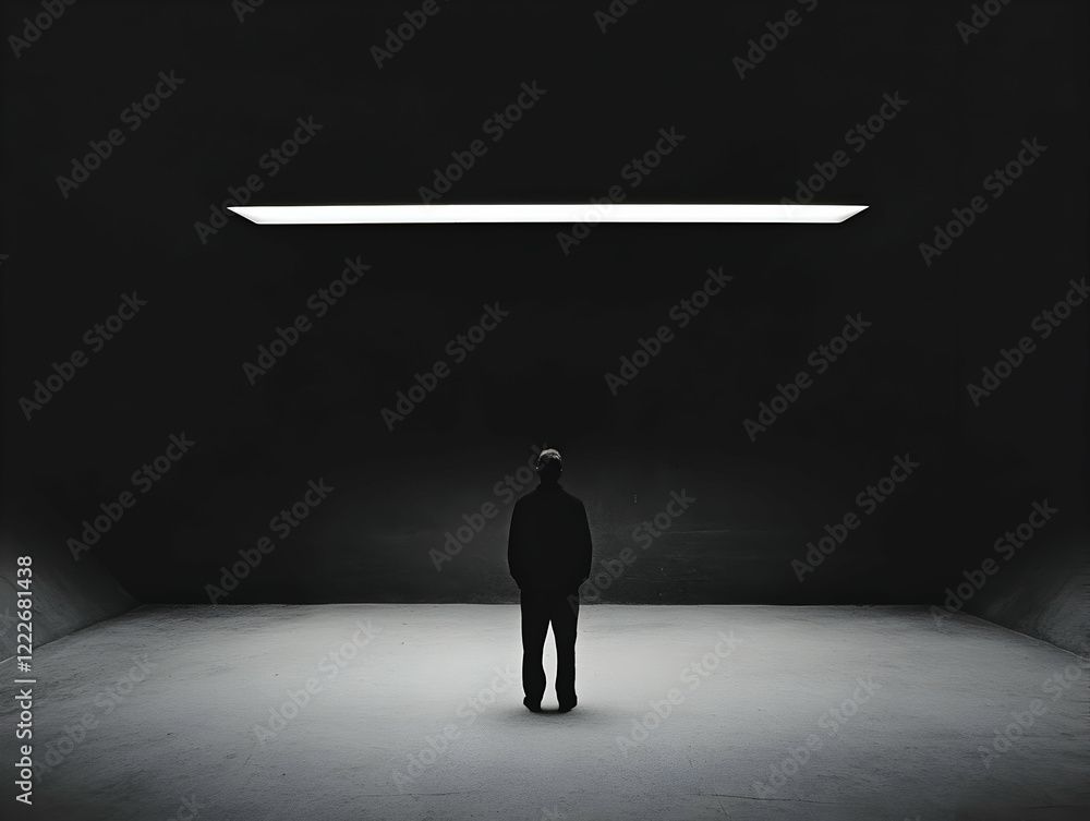 Poster solitary figure standing in an empty dark room illuminated by a single overhead light source in a mi