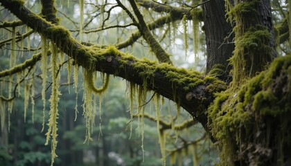Fototapeta premium Lush Green Moss Drapes a Forest Branch