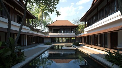 Fototapeta premium Serene Traditional Thai Courtyard with Teak Partitions and Reflective Pond under Multi-tiered Rooflines