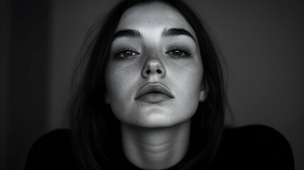 Fototapeta premium Portrait of a woman with expressive features captured in dramatic black and white lighting for artistic presentation