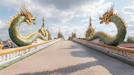 Fototapeta premium Tranquil Walkway Connecting Temple Halls with Mosaic Dragons in Thai Architecture Beneath Pastel Clouds - Cinematic Ultra-Detailed Image
