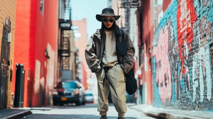 Obraz premium Stylish individual poses confidently in vibrant urban alleyway filled with street art during sunny afternoon