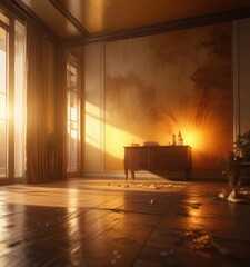 Golden amber light pouring into a room, highlighting the space's ambiance and atmosphere, amber, light, ambiance