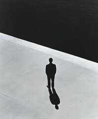 Silhouette of a person standing on a stark surface beside dark water during the daytime with vibrant contrasts of light and shadow