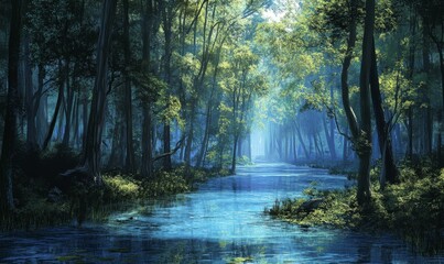 Obraz premium Forest with a body of water in the middle. The water is blue and the trees are green