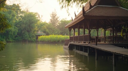 Fototapeta premium Serene Rustic Ferry Dock and Wooden Water Pavilion with Glowing Orchard in Thai Architecture Setting at Sunset