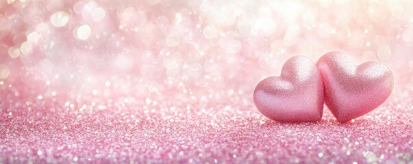 Obraz premium Sparkling pink hearts on glittery surface with bokeh background