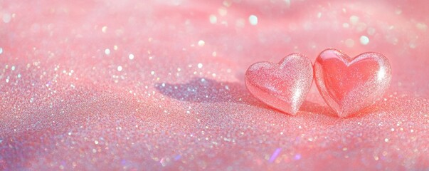 Fototapeta premium Pink glitter sparkle background with two glittery hearts