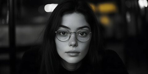 Fototapeta premium Young woman with glasses gazes intently while sitting indoors at night in a softly lit setting