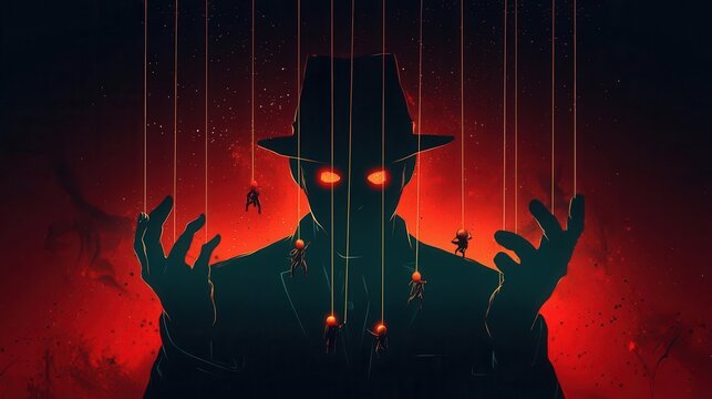 Puppet master with glowing strings bringing a fable to life, handson storytelling, 3D illustration