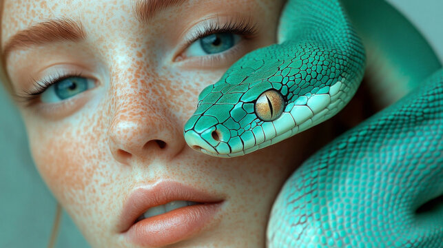Woman with a green snake on her face