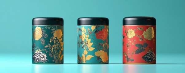 Obraz premium Ornate floral tea canisters with gold embellishments on vibrant background