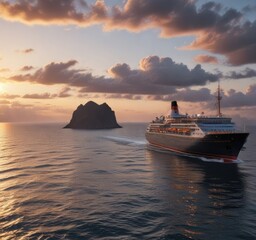 Gran barco de crucero navega en un cielo gris y contrastado al amanecer en el mar , morning light , oceanic vessels, sea
