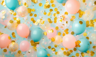 Elegant Pastel Balloons with Golden Confetti, Perfect for Festive Backgrounds