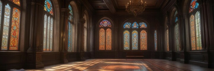 Obraz premium Grand mansion with stained glass windows and intricate carvings, ornate carvings, grandeur
